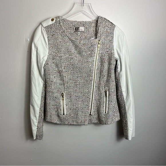 Kut From The Kloth Women White Ivory Full Zip Tweed Faux Leather Moto Jacket sma - Picture 1 of 3